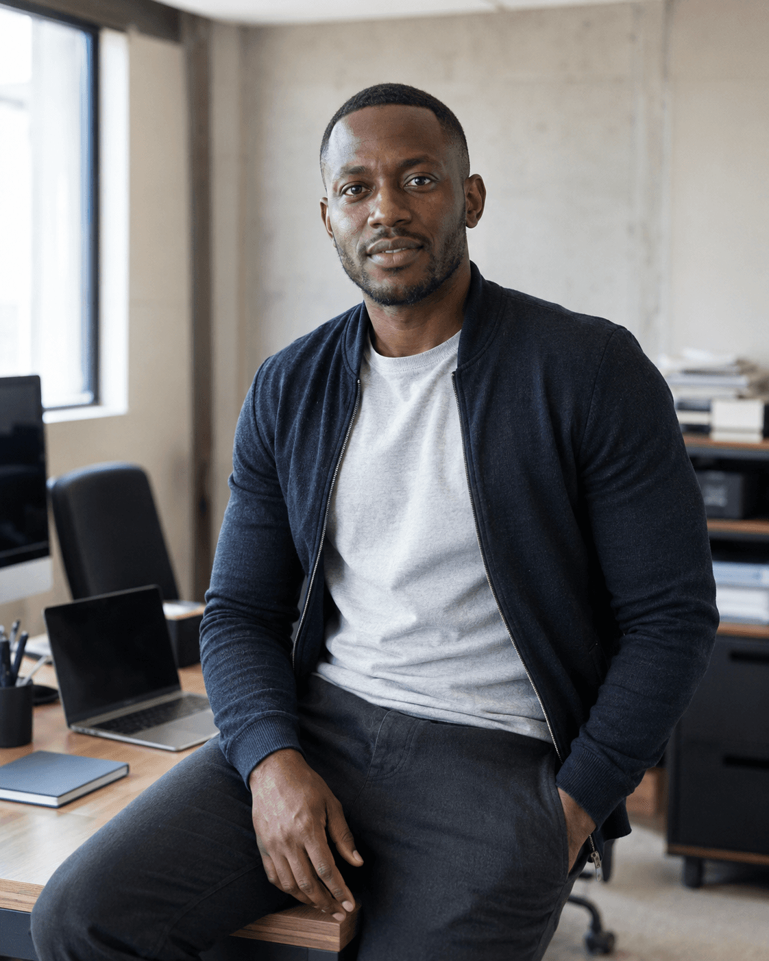 A member of the Team at his desk, mid-thought