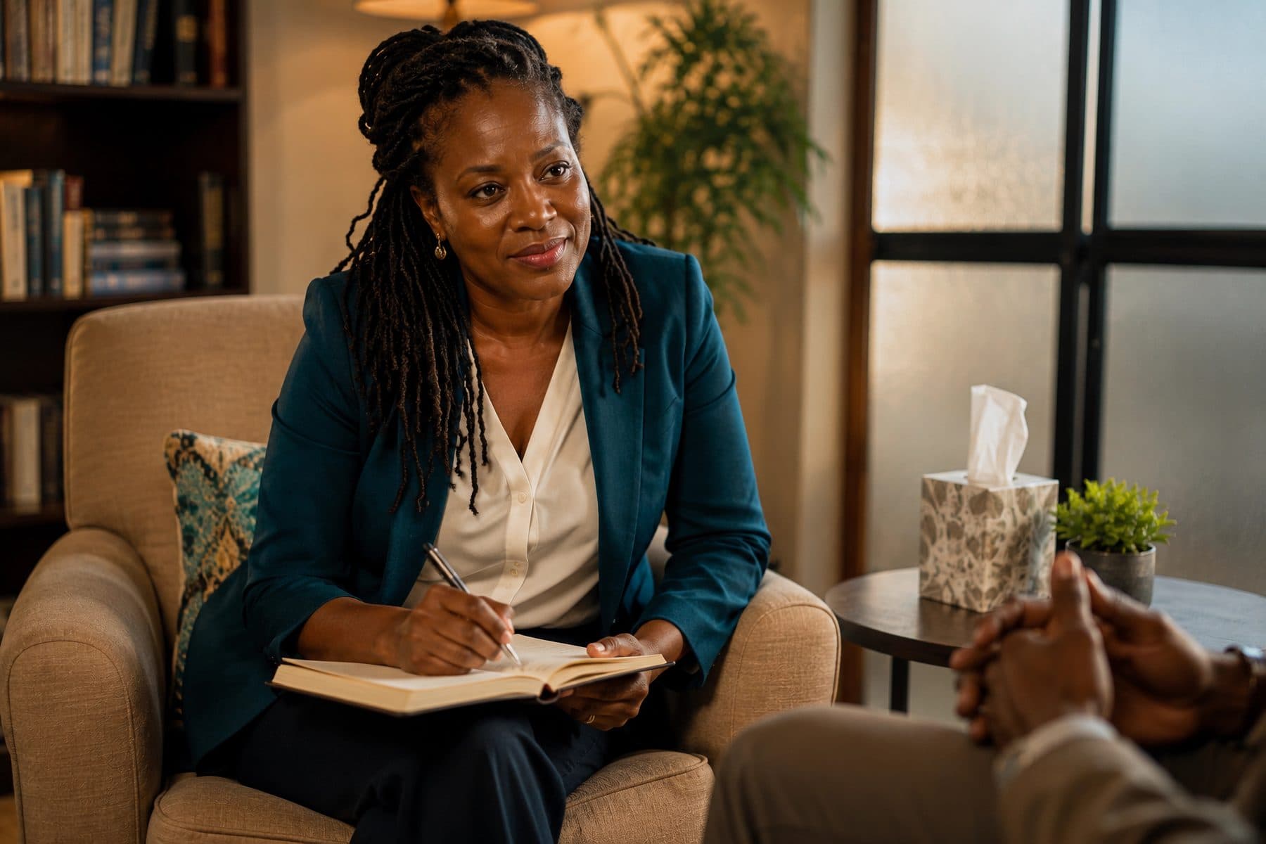 A Practitioner listening in a warm consulting room